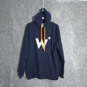 T Factor Graphic Hoodie Men Large Navy Blue Orange Drawstring Cotton Pullover